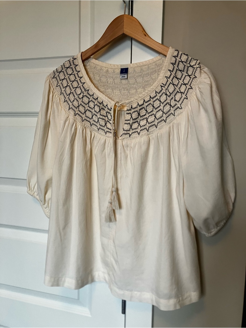 Old Navy Cream Peasant Blouse with Navy Embroidery